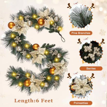 6ft Christmas Garland with Lights - Natural Pine Branches, Berries & Poinsettias - Style3