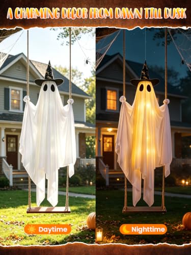 Halloween Swinging Ghost Outdoor Decoration with Witch's Hat - 5FT Ghost & Adjustable Rope