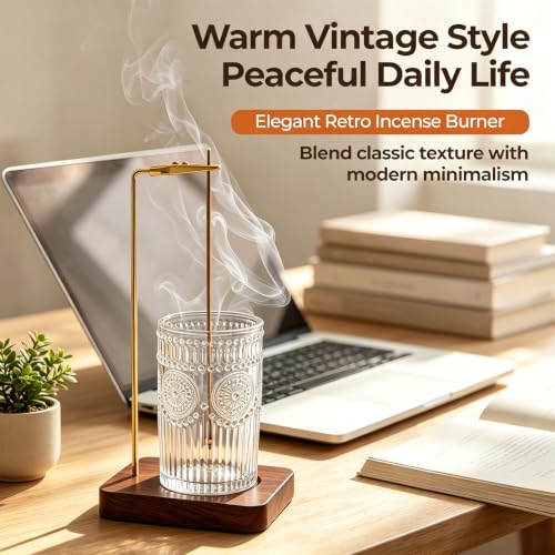 Vintage Glass Incense Holder for Sticks - Brown Embossed Design