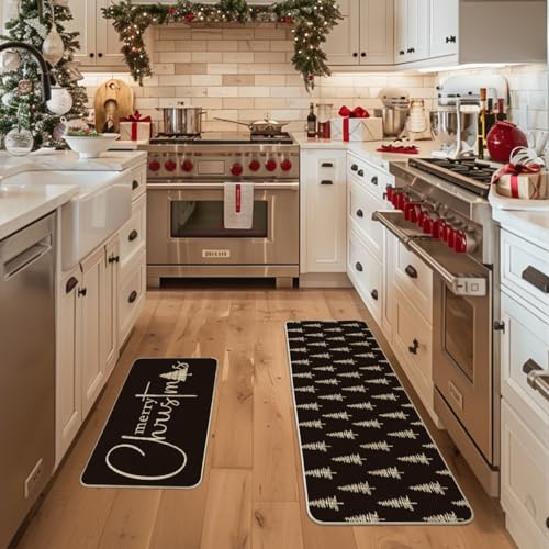 Christmas Tree Kitchen Mats Set of 2 - Black Xmas Tree Holiday Decor, 17x29 & 17x47 Inches