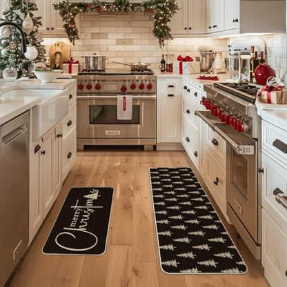 Christmas Tree Kitchen Mats Set of 2 - Black Xmas Tree Holiday Decor, 17x29 & 17x47 Inches