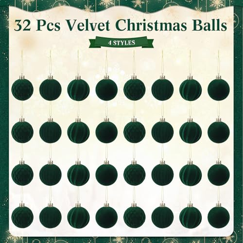 32 Pcs Velvet Christmas Ball Ornaments Bulk for Tree Dark Green - PullCrease