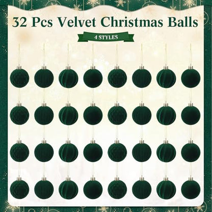 32 Pcs Velvet Christmas Ball Ornaments Bulk for Tree Dark Green - PullCrease