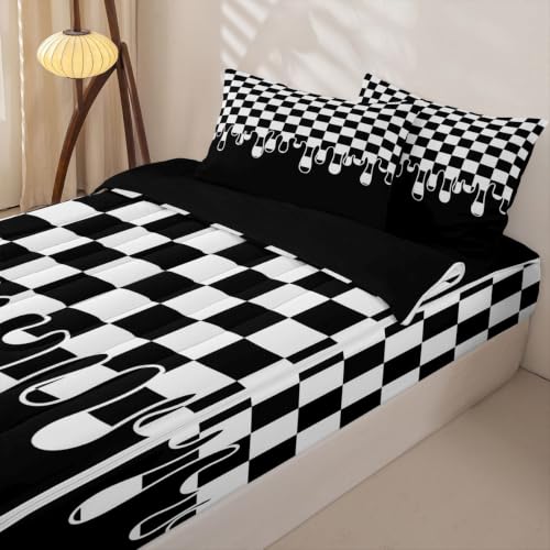 Kids Full Size Plaid Comforter Set with Zipper Bed Cover and Fitted Sheet - Black White