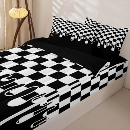 Kids Full Size Plaid Comforter Set with Zipper Bed Cover and Fitted Sheet - Black White