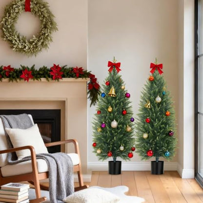 Artificial Topiary Cedar Trees 4Ft 2-Pack with Pots - Faux Garden Plants
