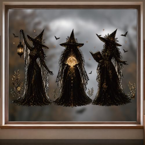 Halloween Witch Static Window Clings Stickers - Indoor Decor, Reusable & Spooky, 9 Pcs - Witch Variation