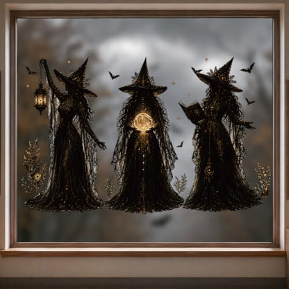 Halloween Witch Static Window Clings Stickers - Indoor Decor, Reusable & Spooky, 9 Pcs - Witch Variation