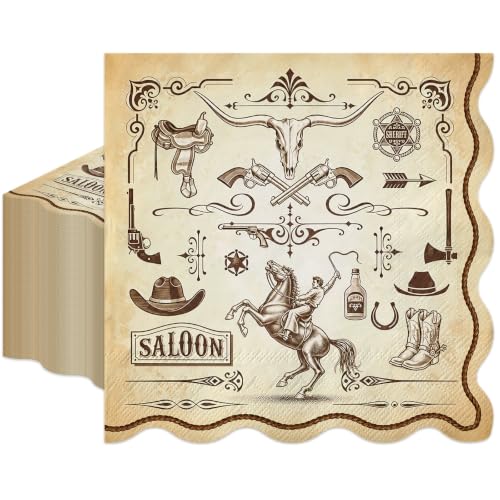 Western Cowboy Cocktail Paper Napkins with Scalloped Edges - 50 Pack