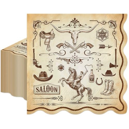 Western Cowboy Cocktail Paper Napkins with Scalloped Edges - 50 Pack