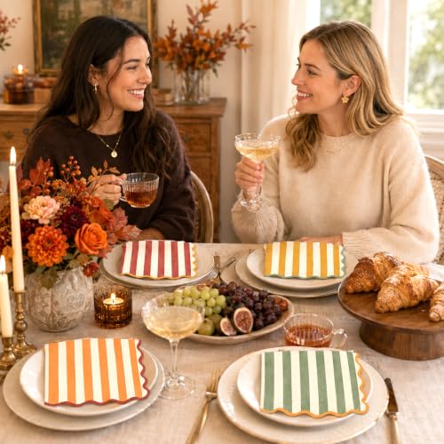 Fall Cocktail Napkins Set 100pcs Vintage Striped Scalloped Edges