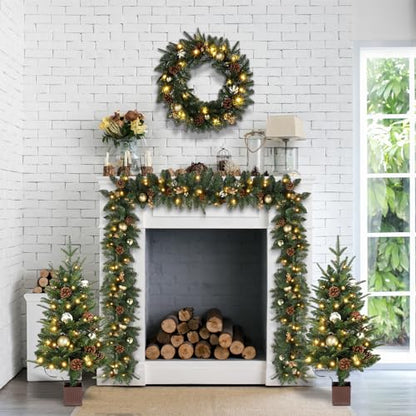 Gold Pre-lit 5-Piece Christmas Tree Set with LED Lights, Wreath & Garlands