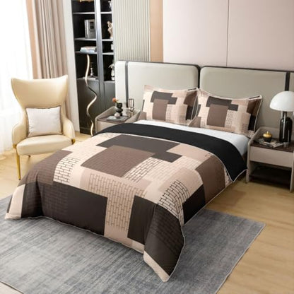 Feelyou Modern Brown Khaki Geometric Cotton Duvet Cover Set Full Size - No Comforter
