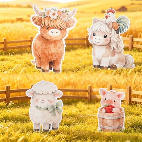 Farm Animal Cutouts Set - Highland Cow, Pony, Lamb & Pig for Barnyard Party Decorations - Variation of Farm Animal