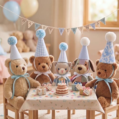 Mini Party Hats for Stuffed Animals, Dolls, Cats - Blue Gingham, 5 Pack