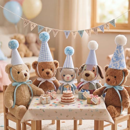 Mini Party Hats for Stuffed Animals, Dolls, Cats - Blue Gingham, 5 Pack