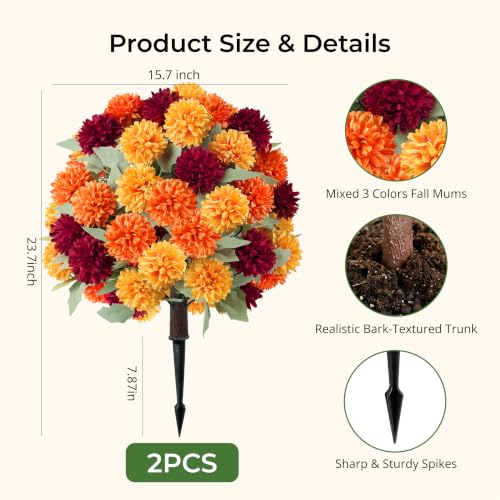 Artificial Fall Flowers Topiary Balls - Fake Mums for Outdoors, Orange, 2 Pack