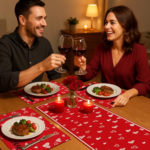 Valentine's Day Table Runner & Placemats Set - Heart Decor for Dining Table - 7 Pieces