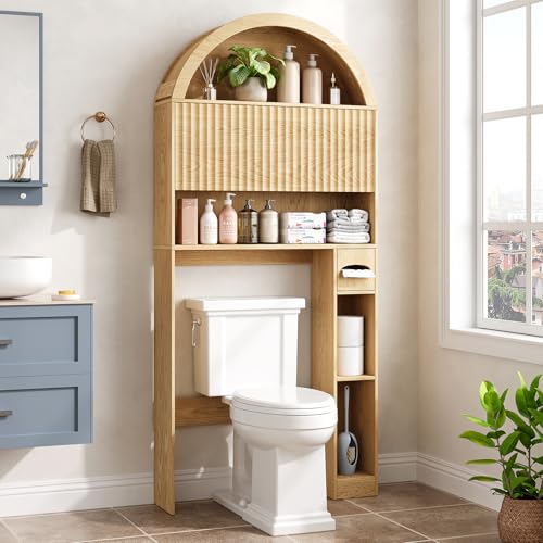 31-Inch Arched Over Toilet Storage Cabinet with Fluted Doors - Natural