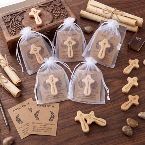 Natural Wood Pocket Cross Set with Prayer Cards - 25 Pack, 2.36 Inch