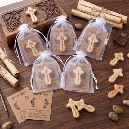 Natural Wood Pocket Cross Set with Prayer Cards - 25 Pack, 2.36 Inch