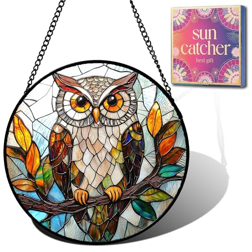 Owl on Branch Sun Catcher Indoor Window Decor 6.3 Inch Brown & Orange