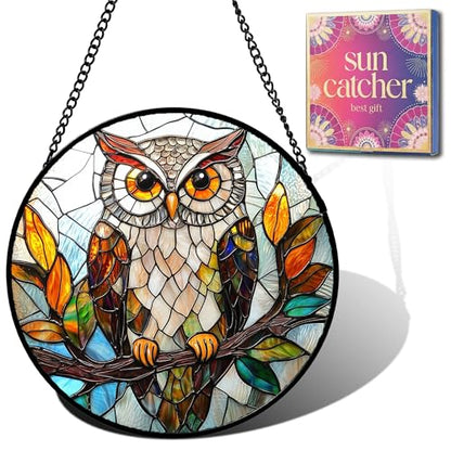 Owl on Branch Sun Catcher Indoor Window Decor 6.3 Inch Brown & Orange