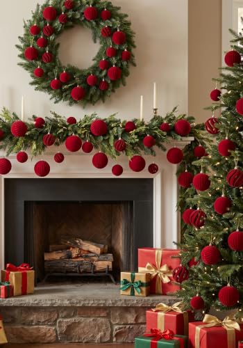 Burgundy Velvet Christmas Ornaments Set - 46pcs Holiday Tree Decorations