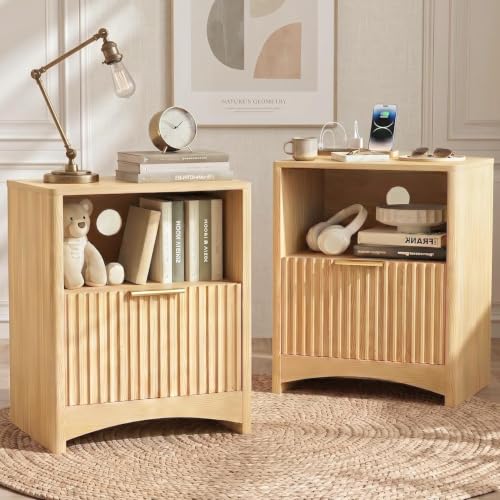 Marsail Natural Oak 2-Pack Fluted Nightstands with Drawers, Built-in Charging Station