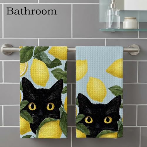Black Cat Kitchen Towel Set - Decorative Lemon Pattern, 16x24 Inches