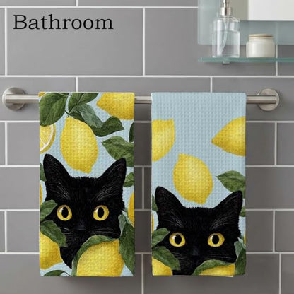 Black Cat Kitchen Towel Set - Decorative Lemon Pattern, 16x24 Inches