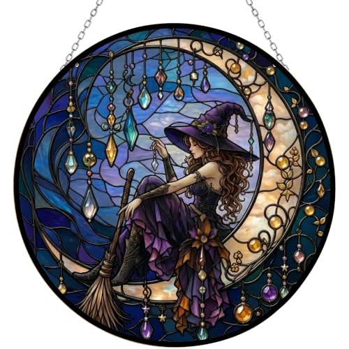 Moonlight Witch Suncatcher Stained Glass Panel 11.8 Inch – UV-Printed Halloween Decor with Frame & Hanging Chain - Variation 1 / 16cm/6.3in
