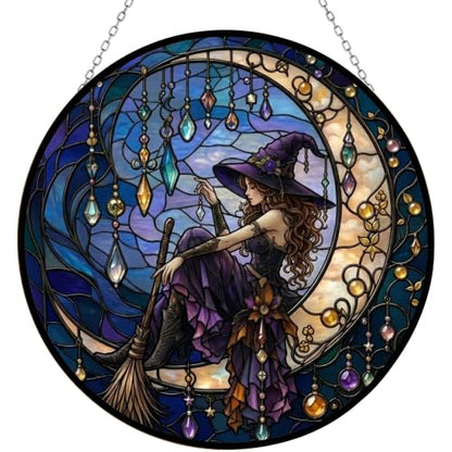 Moonlight Witch Suncatcher Stained Glass Panel 11.8 Inch – UV-Printed Halloween Decor with Frame & Hanging Chain - Variation 1 / 16cm/6.3in