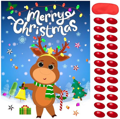 Christmas Pin The Nose On Reindeer Kids Party Game with 24 Reindeer Nose Stickers
