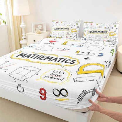 Math Formula Kids Fitted Sheet Queen Size - Beige Yellow Variation