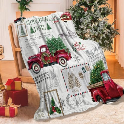 Christmas Throw Blanket - Red Truck Tree Farmhouse Holiday Plush 50x60 Inches - Cozy Fluffy Bed & Sofa Blanket - Variation: 50" x 60"