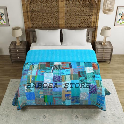 Turquoise Handmade Patchwork Kantha Quilt Bed Cover 40x60 Inch Baby