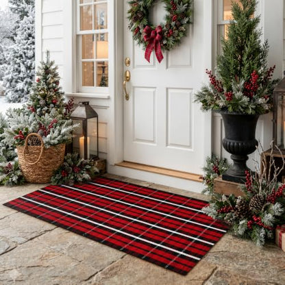 Christmas Buffalo Plaid Rug 2x4.3 Feet Front Door Mat - Red, Holiday Decor