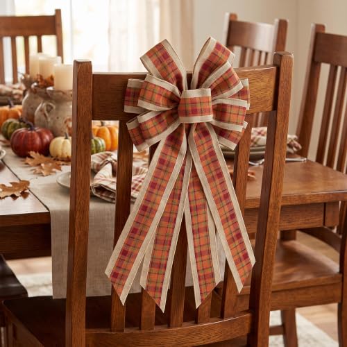 Large Fall Plaid Burlap Wreath Bow - Orange Autumn Door Decor
