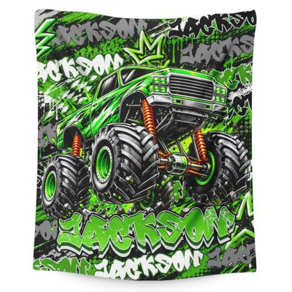 Personalized Boys Truck Blanket - Green Custom Throw for Kids Teens & Adults