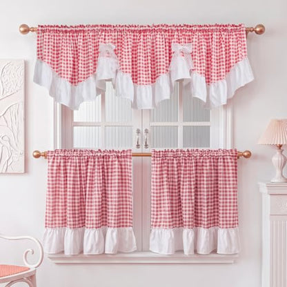 Red Gingham Ruffled Farmhouse Curtain Set - 3 Pieces, Valance 60x18 & Tiers 30x36, Variation of THIS listing