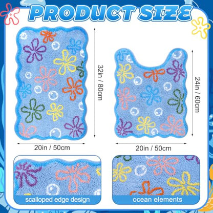Cartoon Bubble Bath Rug Set Non-Slip Floral Bathroom Mat - Blue