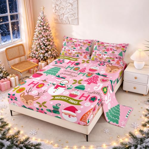 Kids King Christmas Tree Sheet Set Pink Deep Pocket - Holiday Bedding