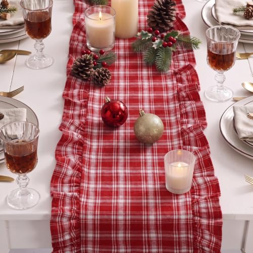Christmas Red Tartan Plaid Table Runner with Ruffled Edges - 14 x 72 Inches - White Red / Plaid Variation
