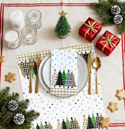 50 Pieces Christmas Tree Paper Napkins - 3-Ply Gingham Holiday Disposable Hand Towels