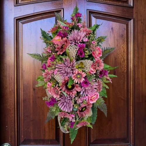 Fall Door Swag for Front Door Wreath Autumn Porch Decor Mauve Sunflower Chrysanthemum Rose Mix
