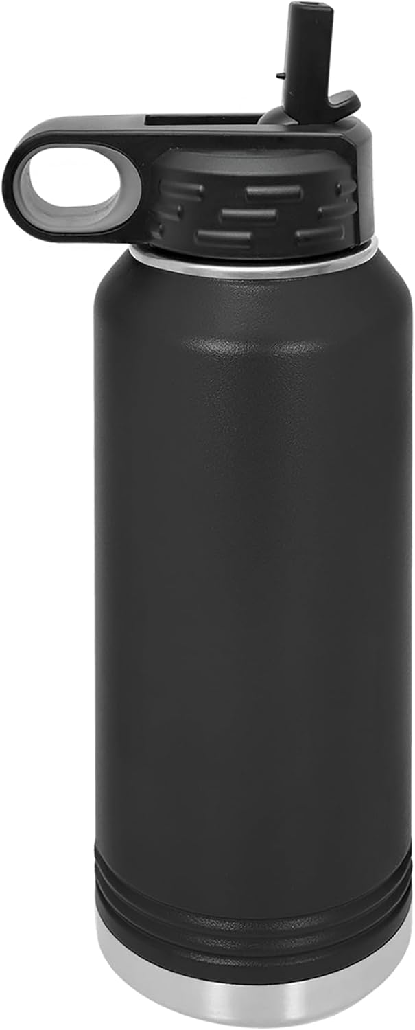 Polar Camel 32 Oz Stainless Steel Water Bottle - Flip Top Lid & Straw | Black Color