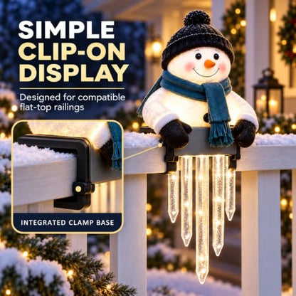 2-Pack Lighted Snowman Railing Decor with Icicle Lights - Winter Holiday