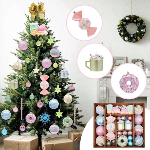 70pcs Macaron Christmas Ball Ornaments Set Candyland Tree Decorations - Shatterproof