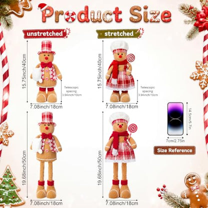 Large Christmas Gingerbread Plush Doll Set with Retractable Legs - Red Plaid